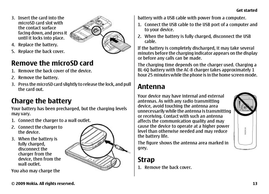 Nokia 6700 manual Remove the microSD card, Charge the battery, Antenna, Strap 