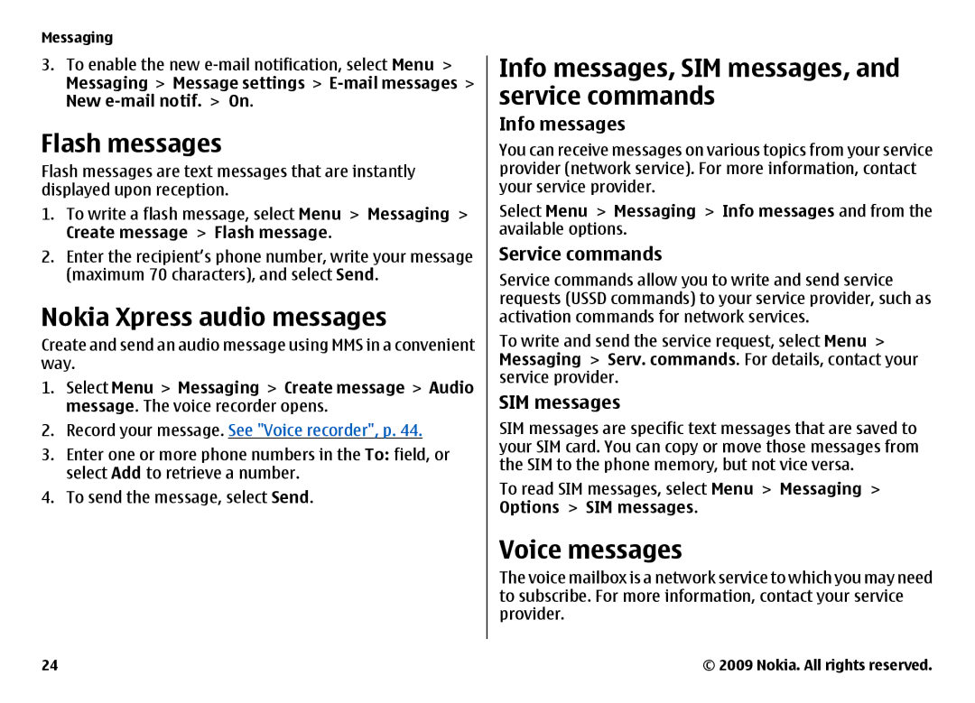 Nokia 6700 Flash messages, Nokia Xpress audio messages, Info messages, SIM messages, and service commands, Voice messages 