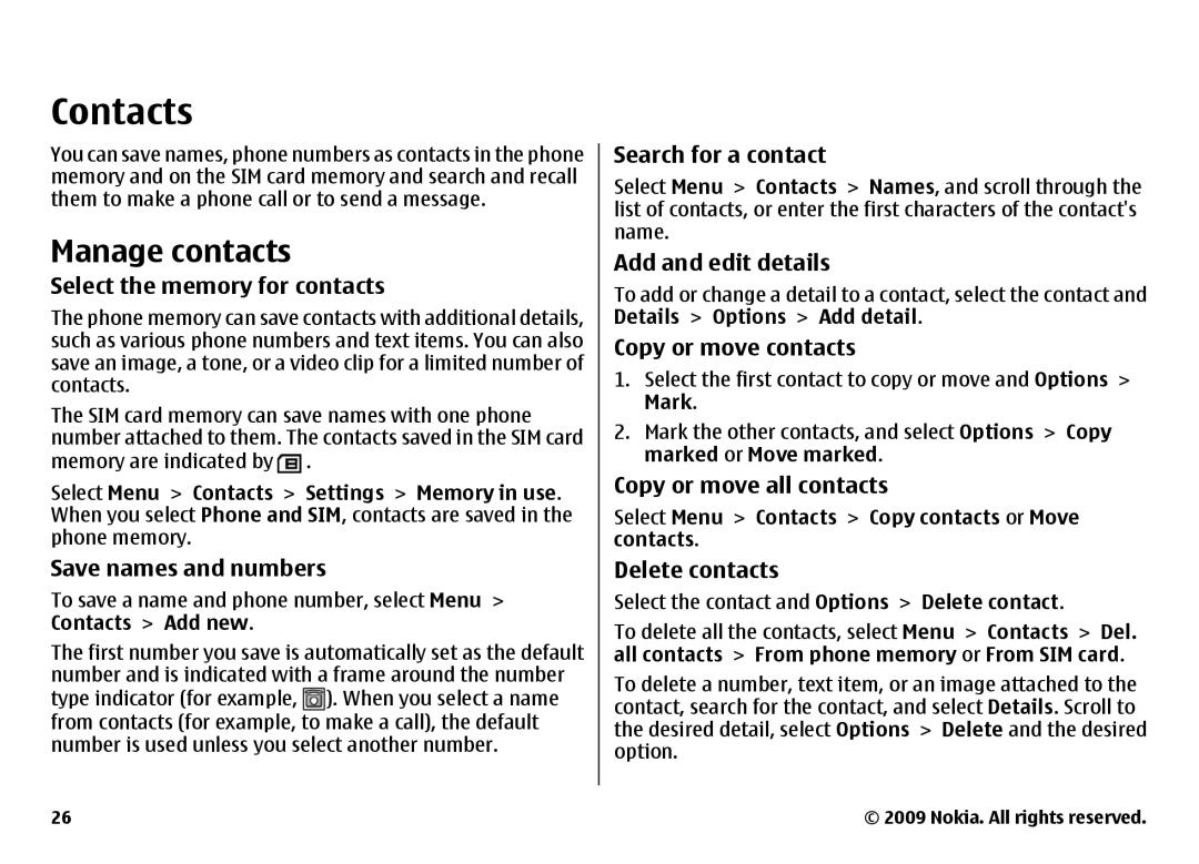 Nokia 6700 manual Contacts, Manage contacts 