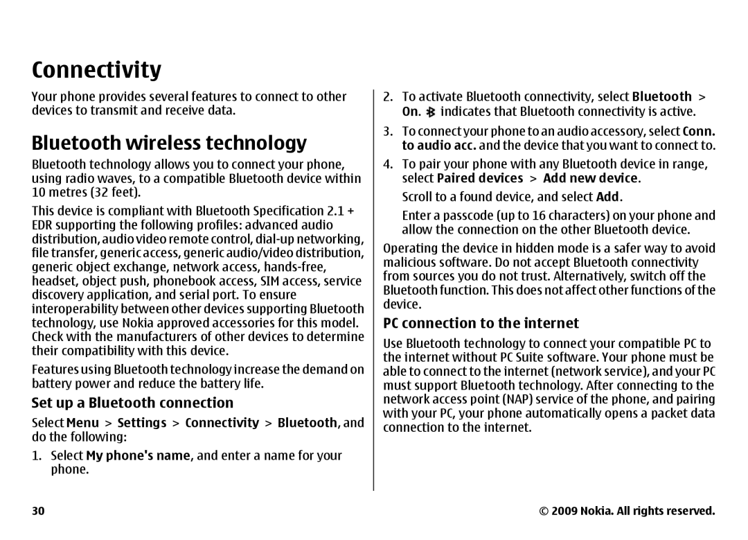 Nokia 6700 manual Connectivity, Bluetooth wireless technology, Set up a Bluetooth connection, PC connection to the internet 