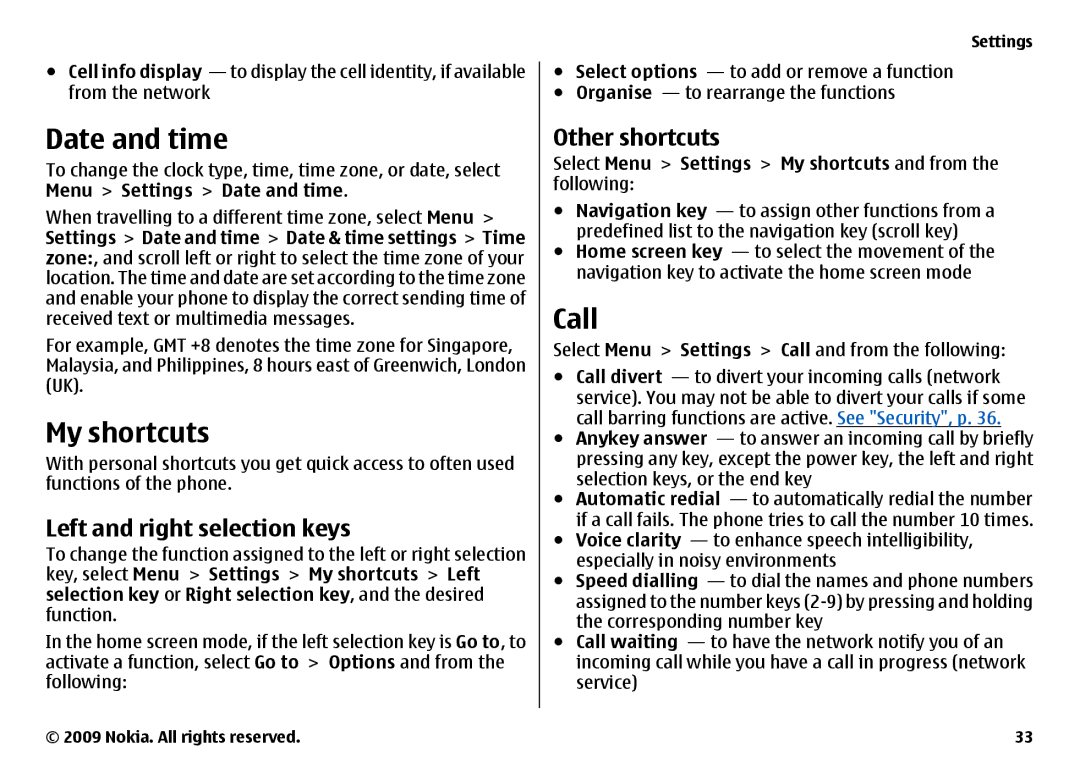 Nokia 6700 manual Date and time, My shortcuts, Call, Left and right selection keys, Other shortcuts 