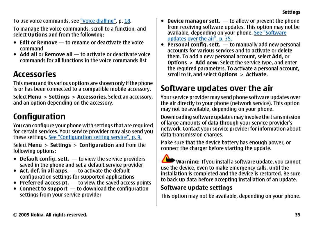 Nokia 6700 manual Accessories, Configuration, Software updates over the air, Software update settings 