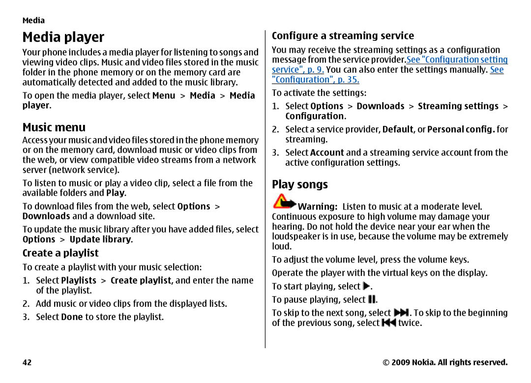 Nokia 6700 manual Media player, Music menu, Play songs, Create a playlist, Configure a streaming service 