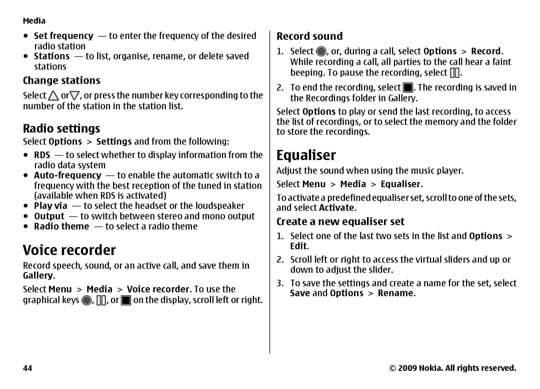 Nokia 6700 manual Voice recorder, Equaliser, Radio settings 