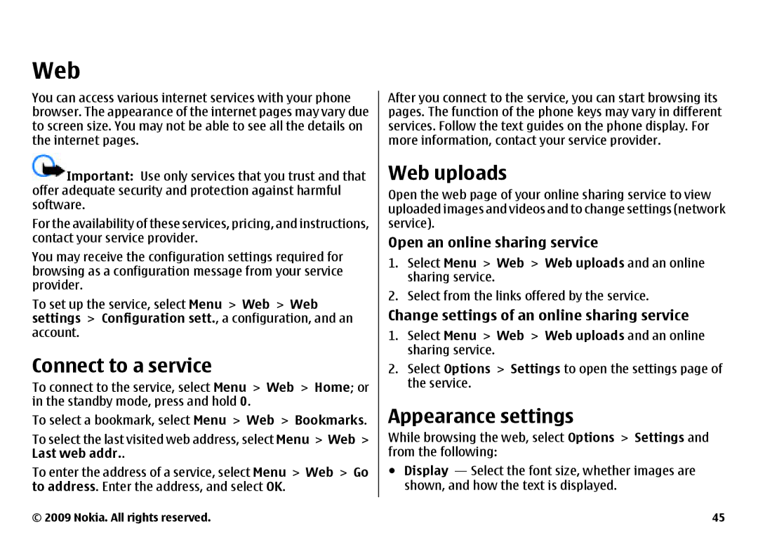 Nokia 6700 manual Connect to a service, Web uploads, Appearance settings 