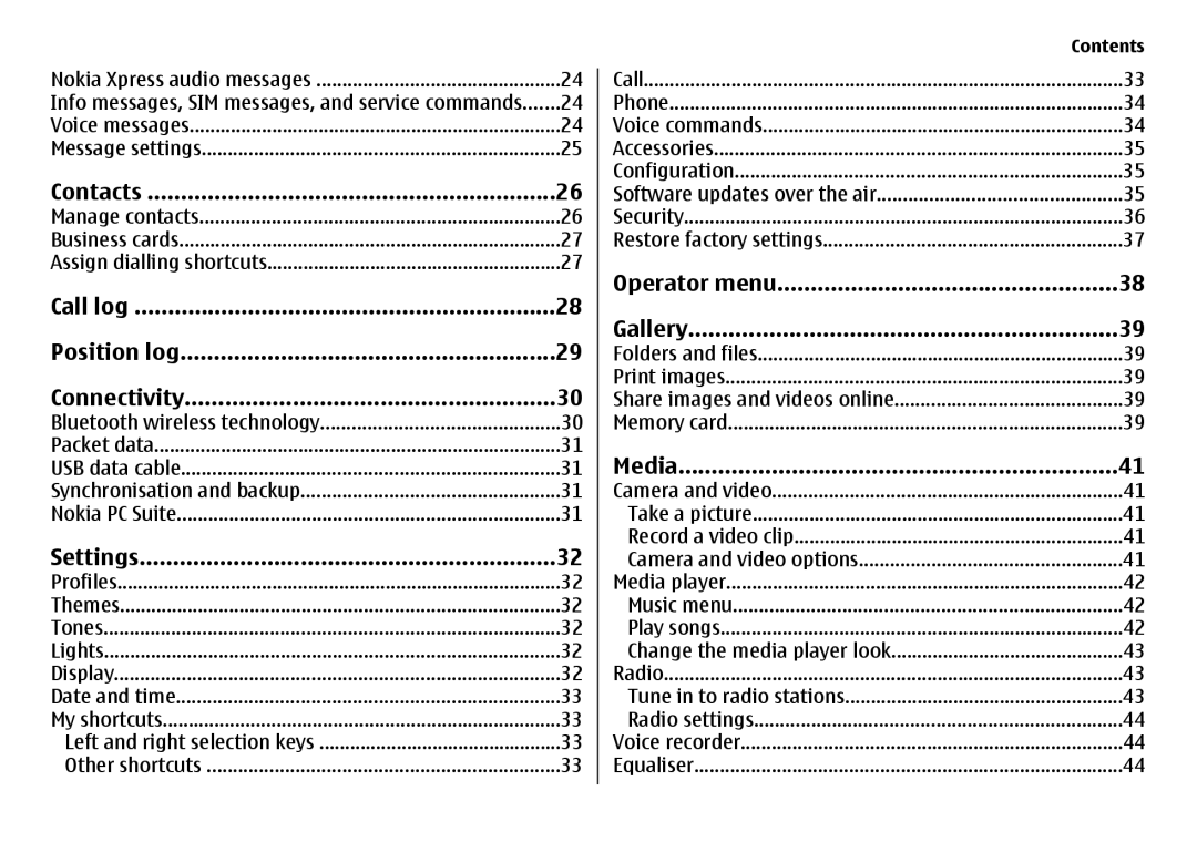 Nokia 6700 manual Contacts, Call log Position log Connectivity, Settings, Operator menu Gallery, Media 