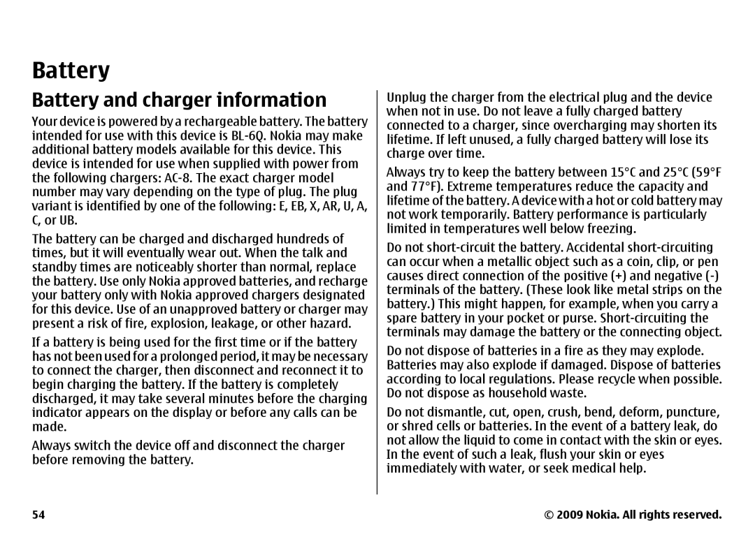 Nokia 6700 manual Battery and charger information 