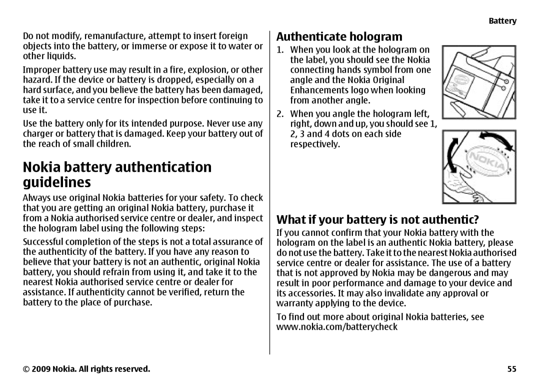 Nokia 6700 manual Nokia battery authentication guidelines, Authenticate hologram, What if your battery is not authentic? 