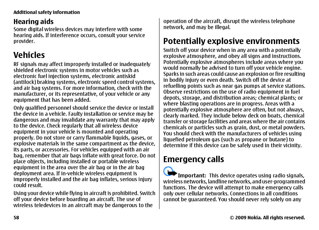 Nokia 6700 manual Vehicles, Potentially explosive environments, Emergency calls, Hearing aids 