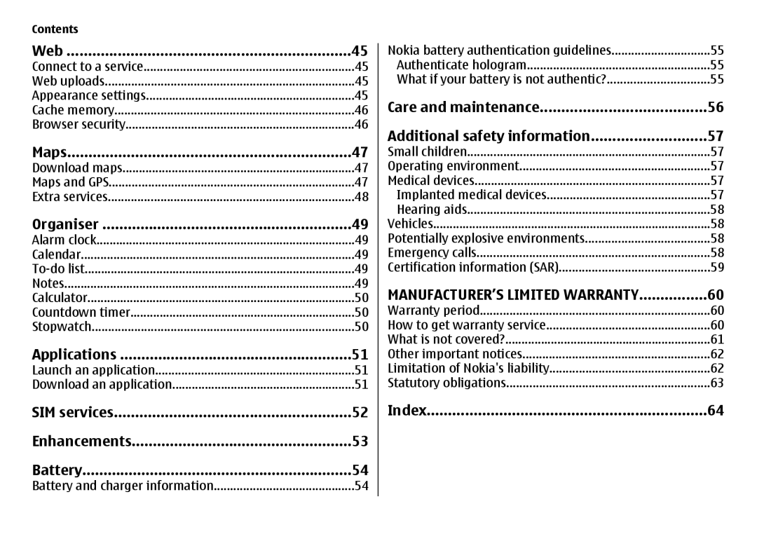 Nokia 6700 manual Web, Maps, Organiser, Applications, SIM services Enhancements Battery, Index 