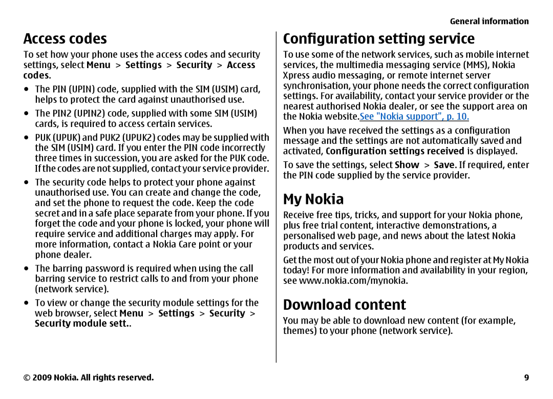 Nokia 6700 manual Access codes, Configuration setting service, My Nokia, Download content 