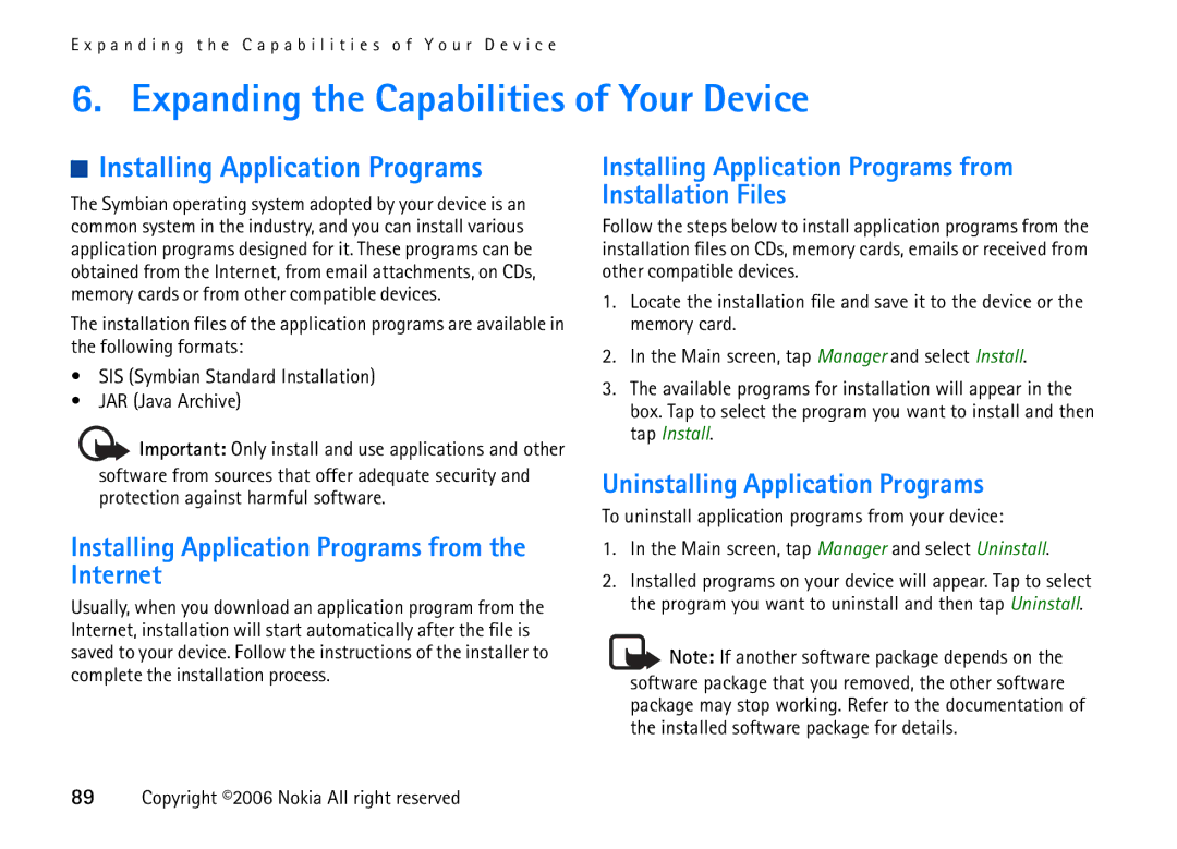 Nokia 6708 Expanding the Capabilities of Your Device, Installing Application Programs, Uninstalling Application Programs 