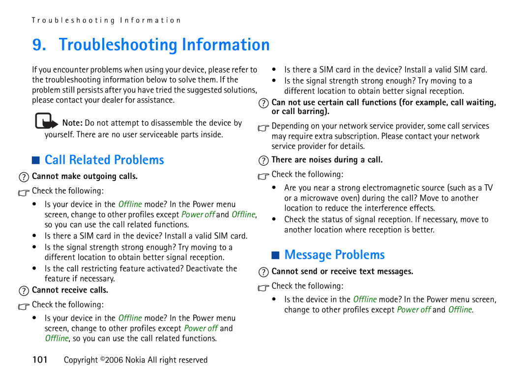 Nokia 6708 manual Troubleshooting Information, Call Related Problems, Message Problems 