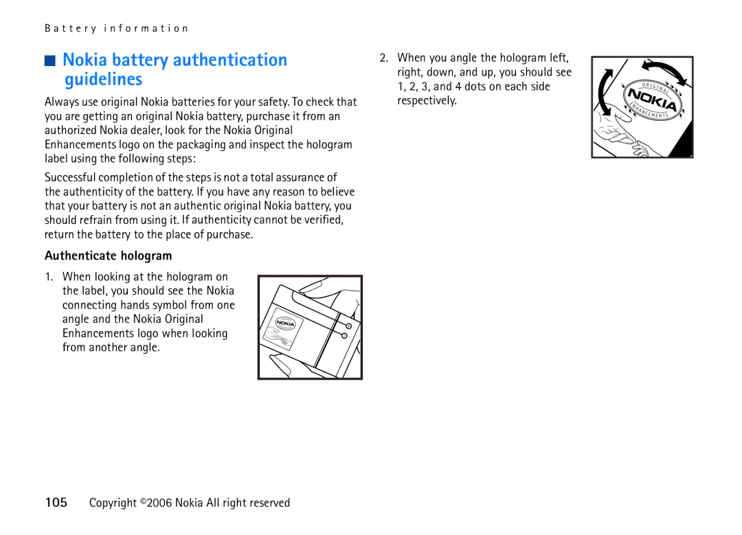 Nokia 6708 manual Nokia battery authentication guidelines, Authenticate hologram 