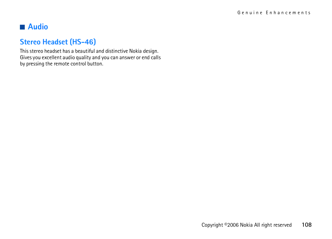 Nokia 6708 manual Audio, Stereo Headset HS-46 