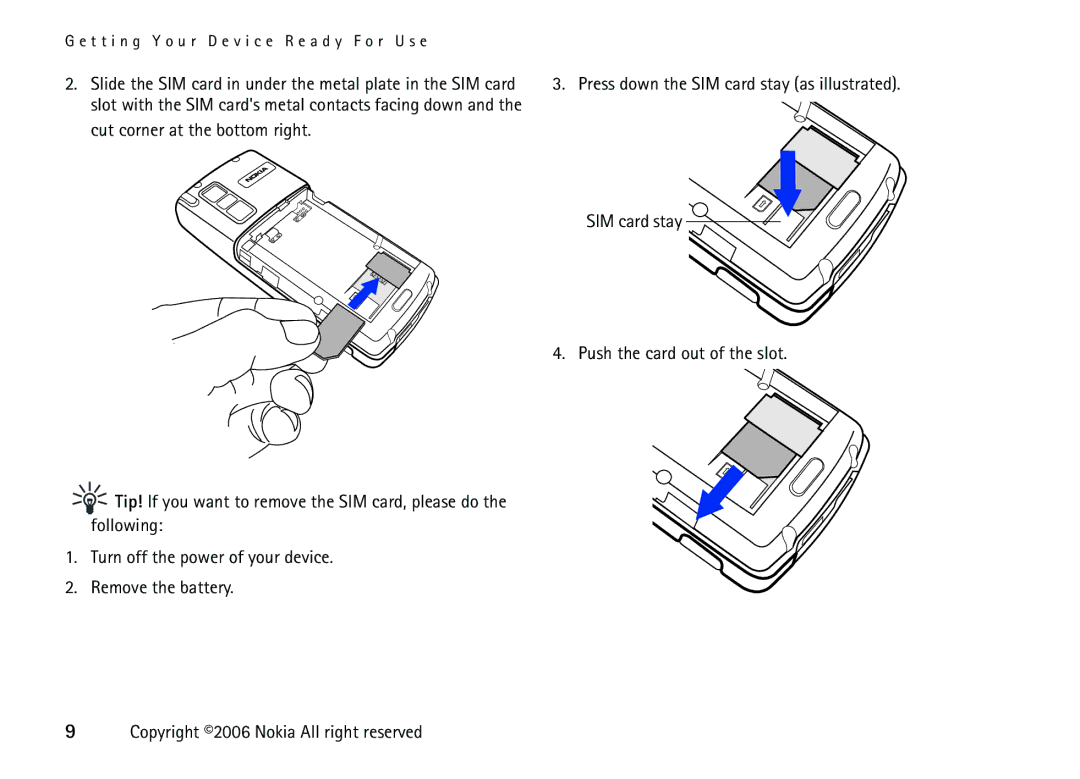 Nokia 6708 manual Slide the SIM card in under the metal plate in the SIM card 