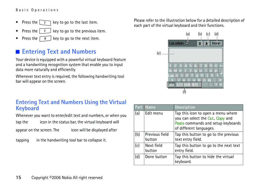 Nokia 6708 manual Entering Text and Numbers Using the Virtual Keyboard 