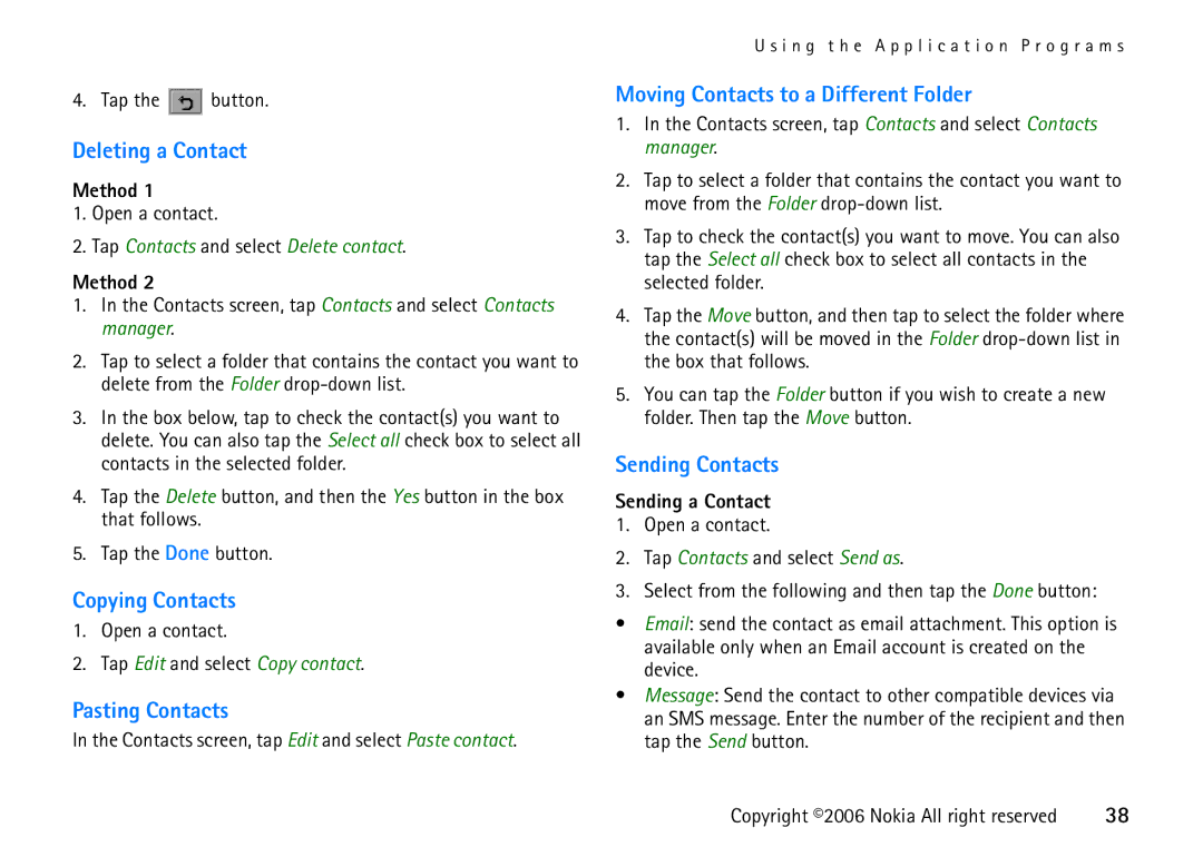 Nokia 6708 Deleting a Contact, Copying Contacts, Pasting Contacts, Moving Contacts to a Different Folder, Sending Contacts 