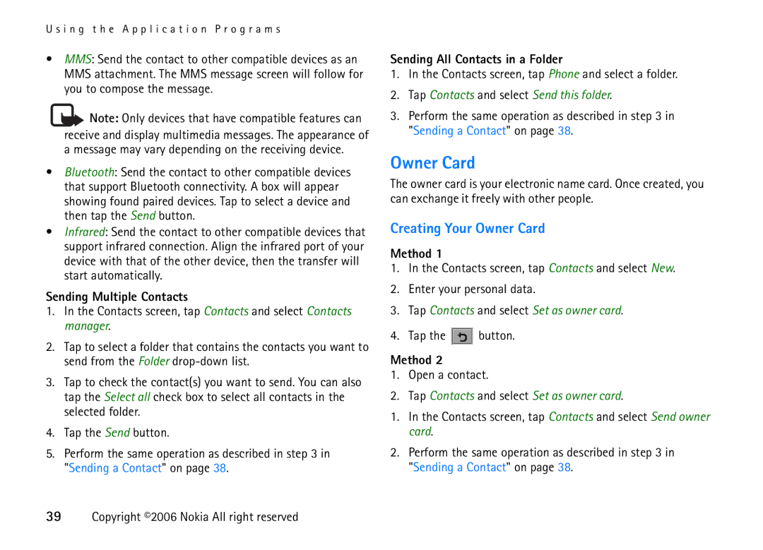 Nokia 6708 manual Creating Your Owner Card, Sending Multiple Contacts, Sending All Contacts in a Folder 