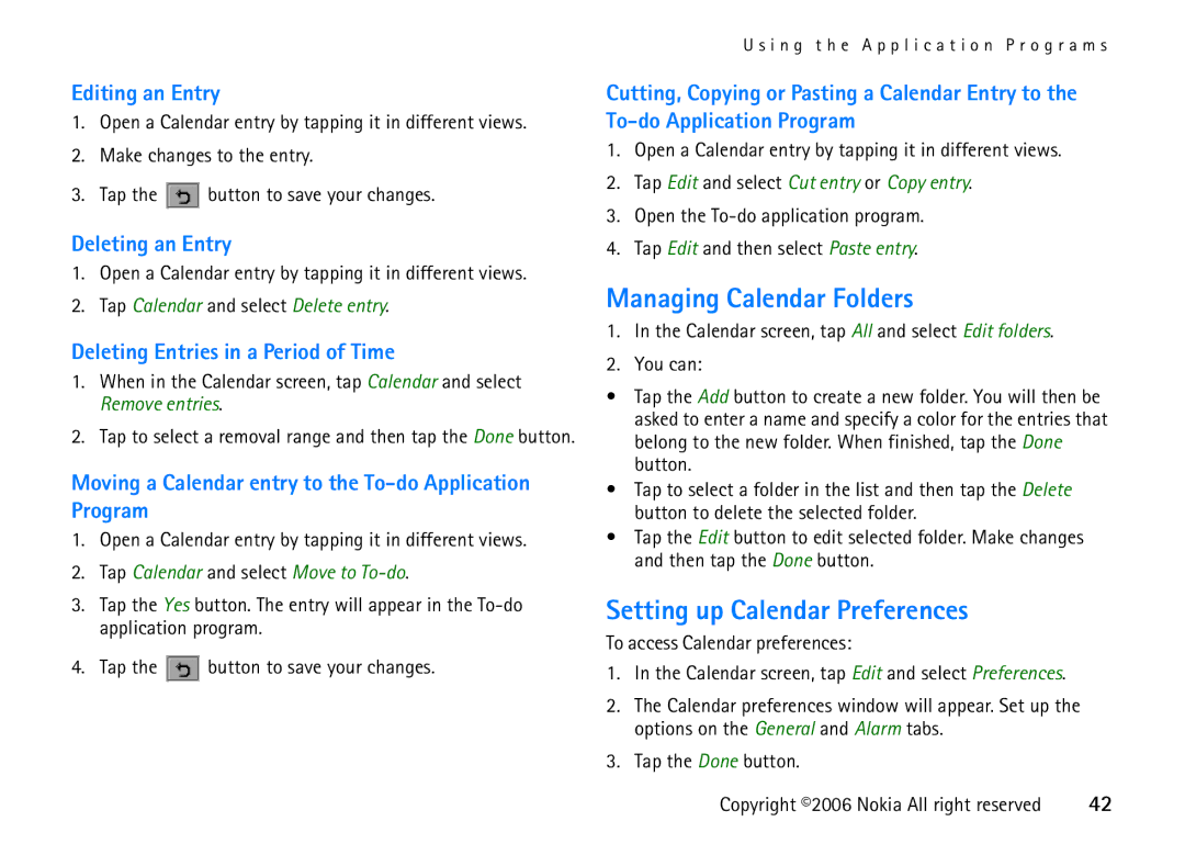 Nokia 6708 manual Managing Calendar Folders, Setting up Calendar Preferences 