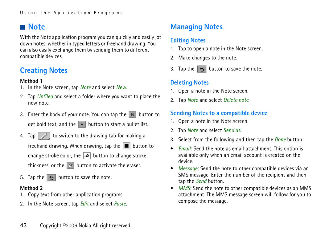 Nokia 6708 manual Creating Notes, Managing Notes, Editing Notes, Deleting Notes, Sending Notes to a compatible device 