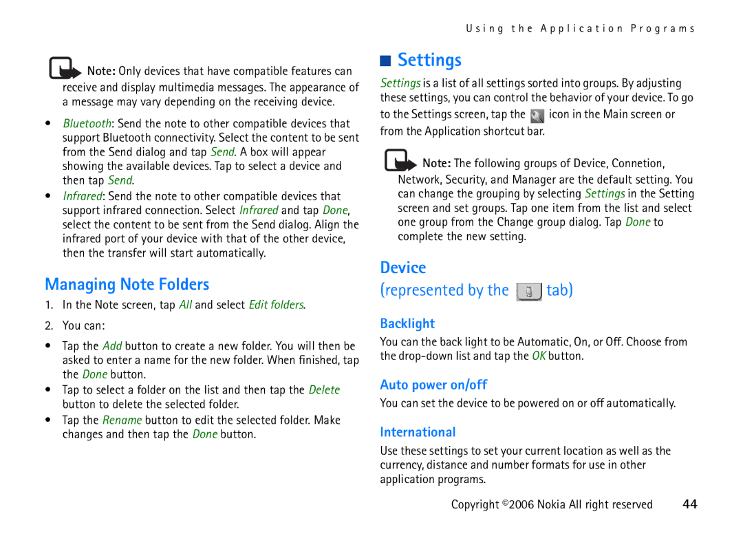 Nokia 6708 manual Settings, Managing Note Folders, Device 