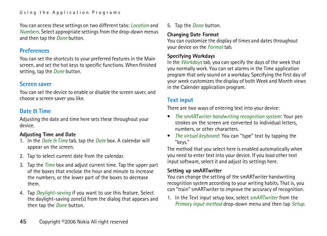 Nokia 6708 manual Preferences, Date & Time, Text input 