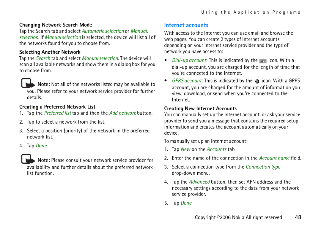 Nokia 6708 Internet accounts, Changing Network Search Mode, Selecting Another Network, Creating a Preferred Network List 