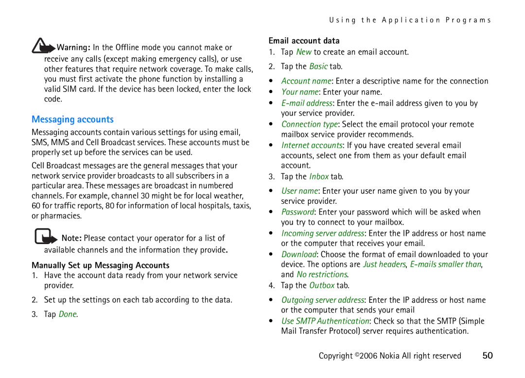 Nokia 6708 manual Messaging accounts, Manually Set up Messaging Accounts, Email account data 