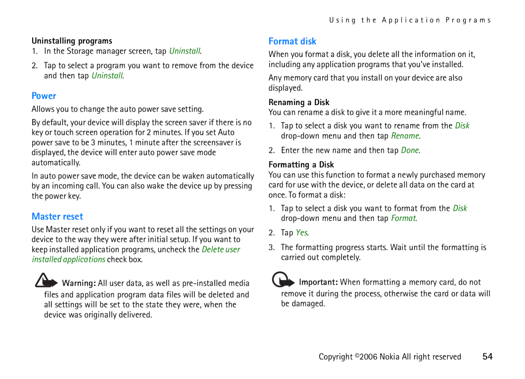 Nokia 6708 manual Power, Master reset, Format disk 