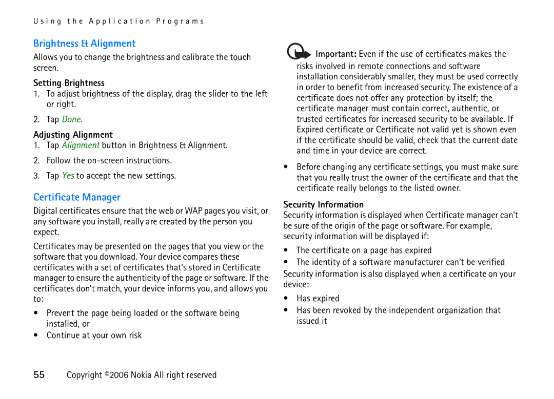 Nokia 6708 Brightness & Alignment, Certificate Manager, Setting Brightness, Adjusting Alignment, Security Information 