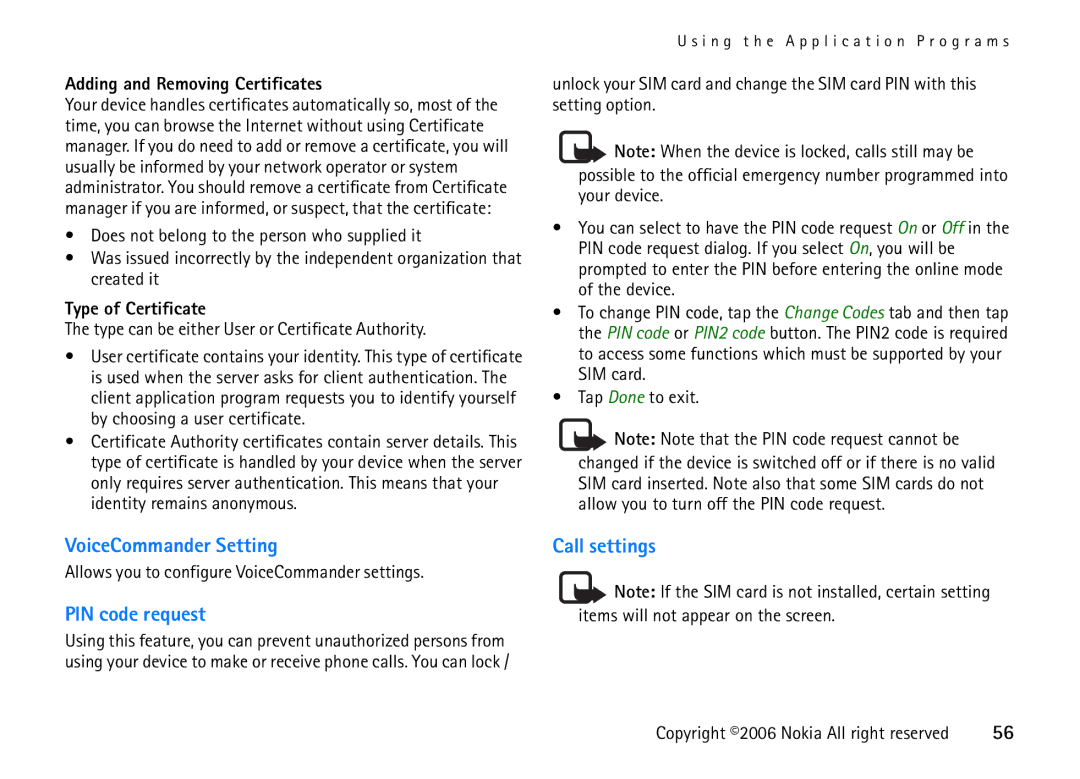 Nokia 6708 VoiceCommander Setting, PIN code request, Call settings, Adding and Removing Certificates, Type of Certificate 