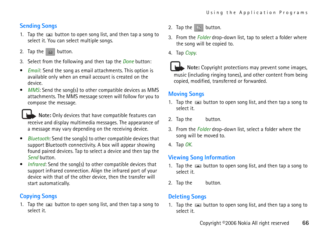 Nokia 6708 manual Sending Songs, Moving Songs, Viewing Song Information, Copying Songs Deleting Songs 