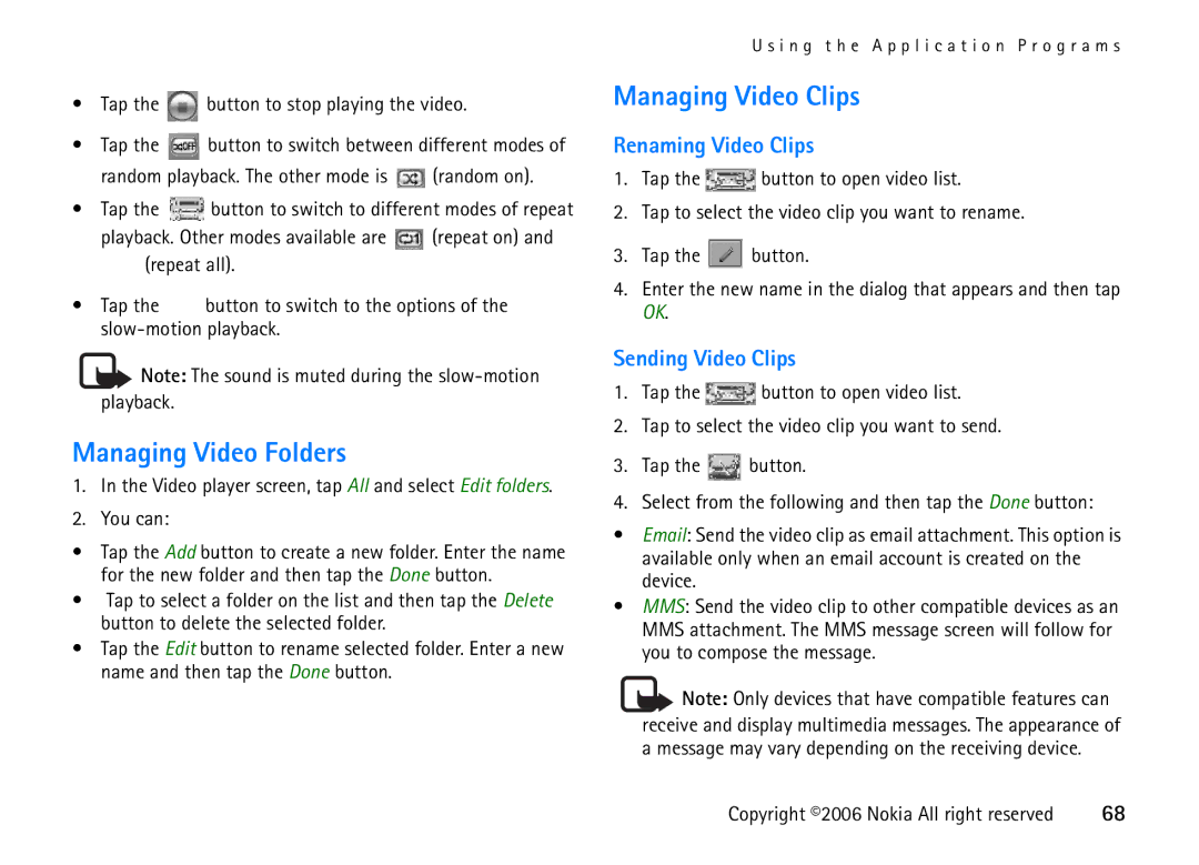 Nokia 6708 manual Managing Video Folders, Managing Video Clips, Renaming Video Clips, Sending Video Clips 