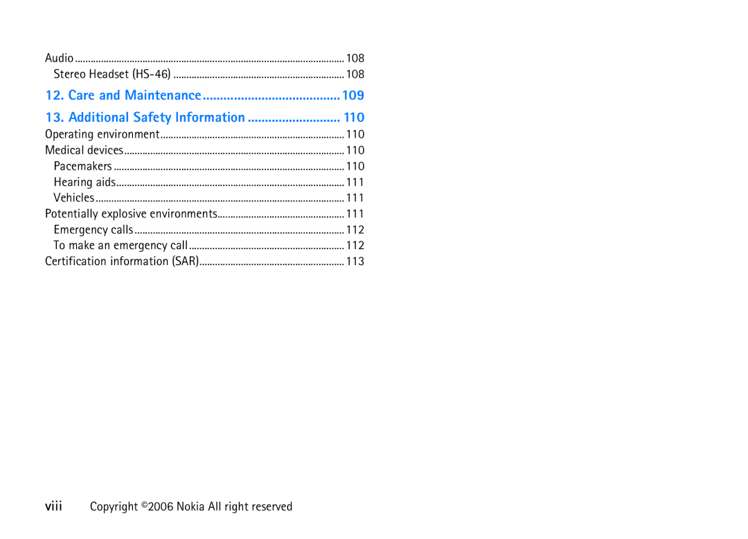 Nokia 6708 manual 108, 110, 111, 112, 113, Viii Copyright 2006 Nokia All right reserved 