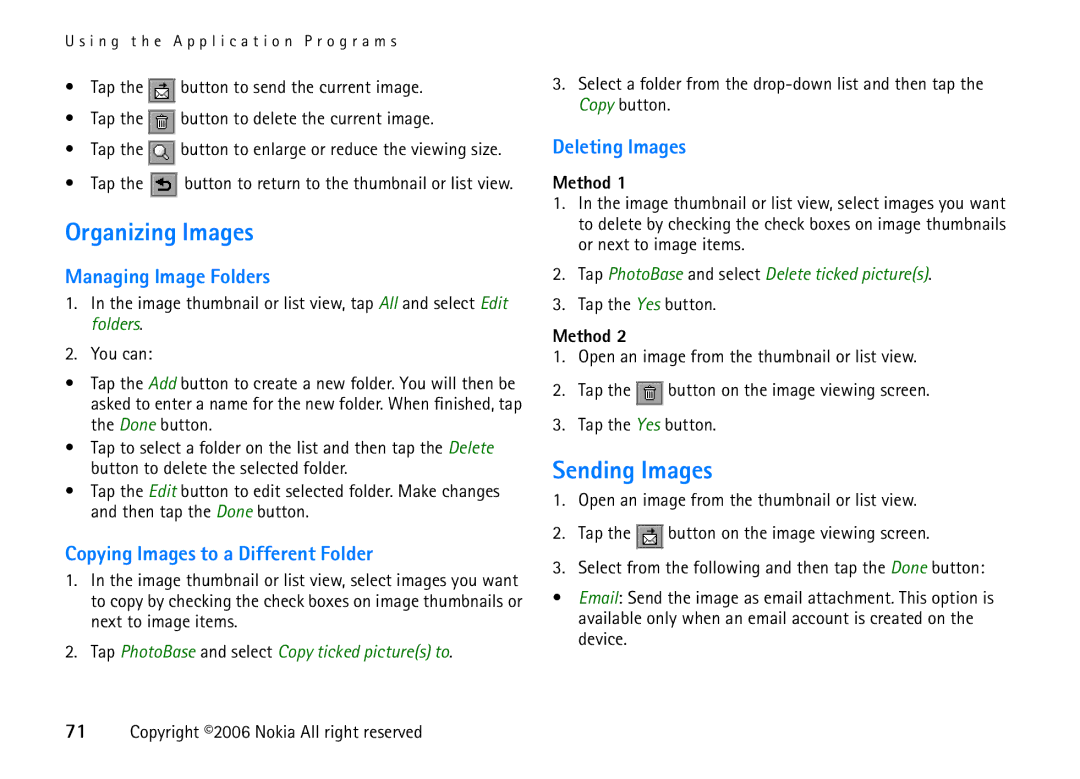 Nokia 6708 manual Organizing Images, Sending Images, Managing Image Folders, Copying Images to a Different Folder 