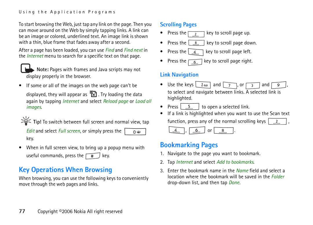 Nokia 6708 manual Key Operations When Browsing, Bookmarking Pages, Scrolling Pages, Link Navigation 