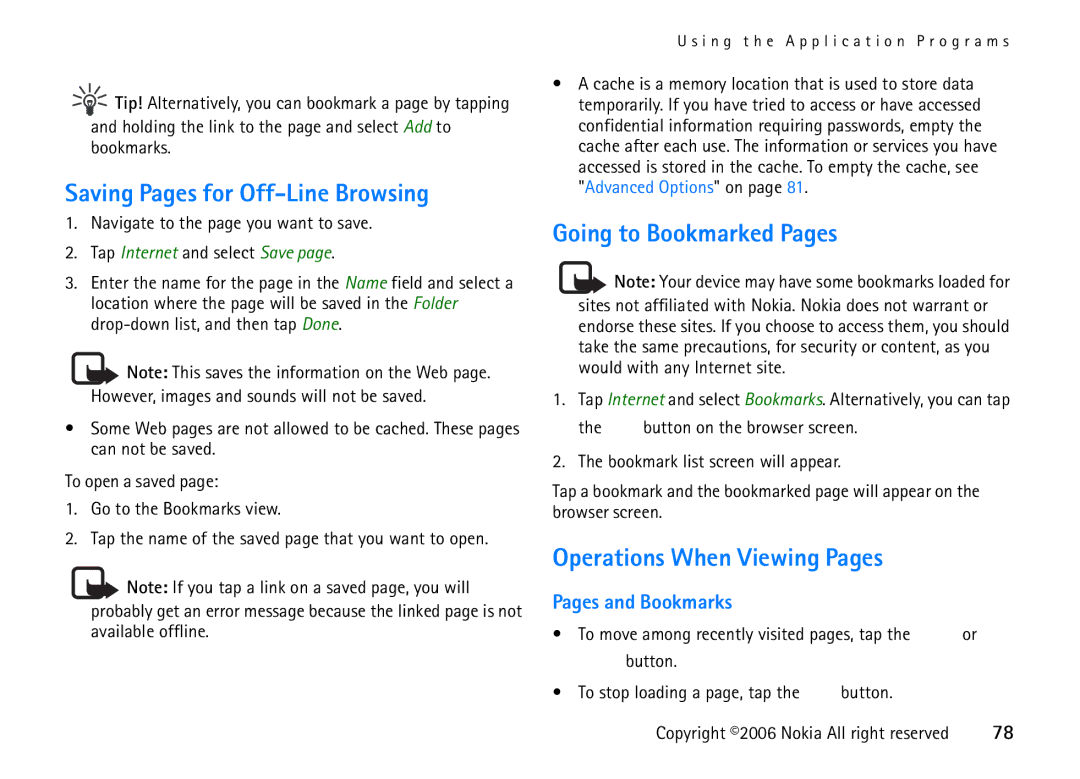 Nokia 6708 manual Saving Pages for Off-Line Browsing, Going to Bookmarked Pages, Operations When Viewing Pages 