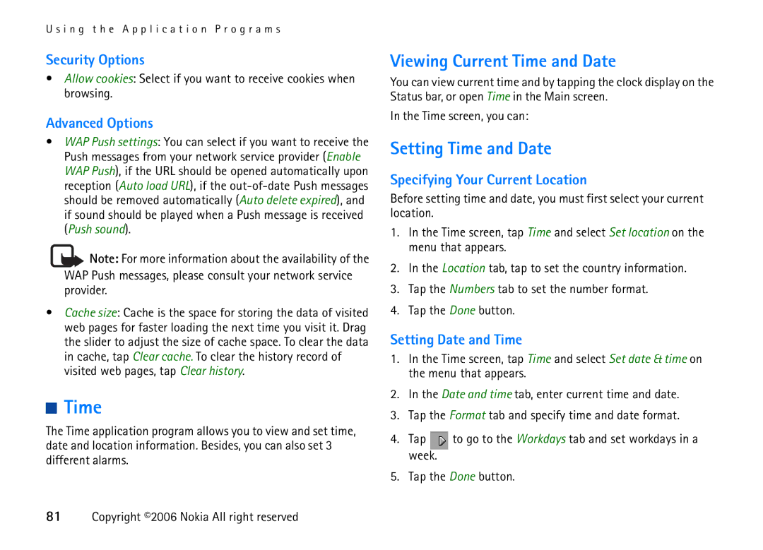 Nokia 6708 manual Viewing Current Time and Date, Setting Time and Date 