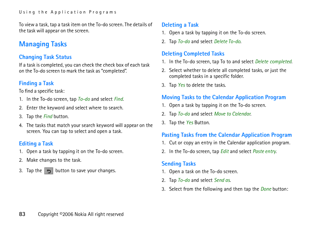 Nokia 6708 manual Managing Tasks 