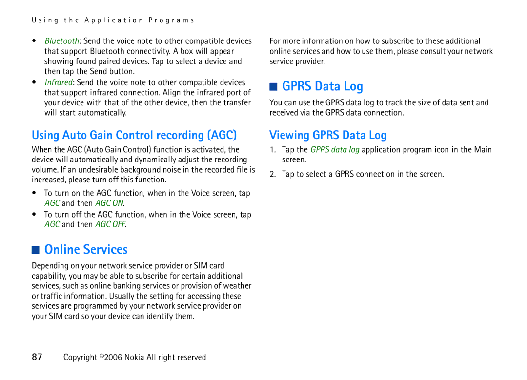 Nokia 6708 manual Online Services, Viewing Gprs Data Log 