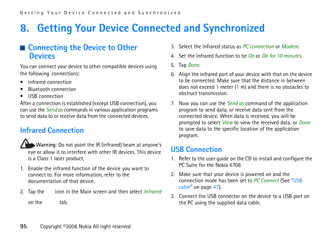 Nokia 6708 Getting Your Device Connected and Synchronized, Connecting the Device to Other Devices, Infrared Connection 