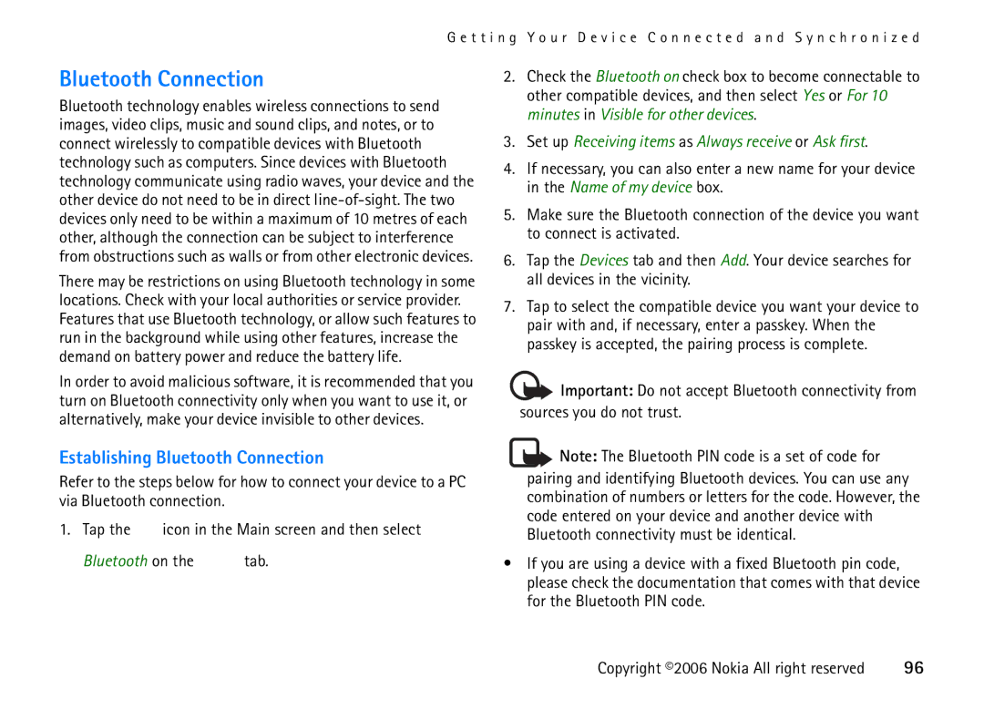 Nokia 6708 manual Establishing Bluetooth Connection, Set up Receiving items as Always receive or Ask first 