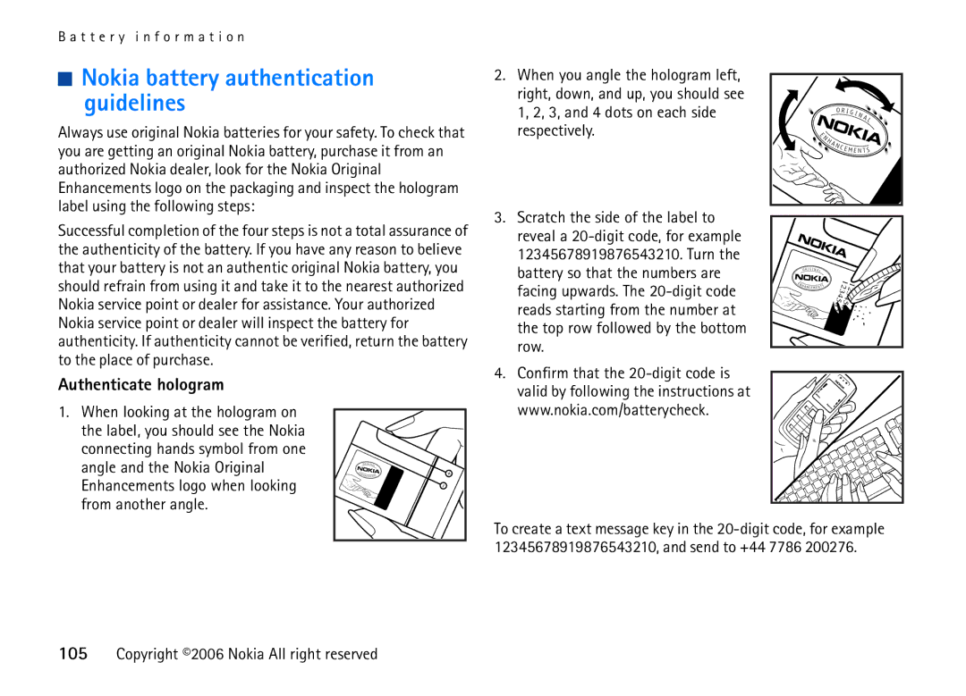 Nokia 6708 manual Nokia battery authentication guidelines, Authenticate hologram 