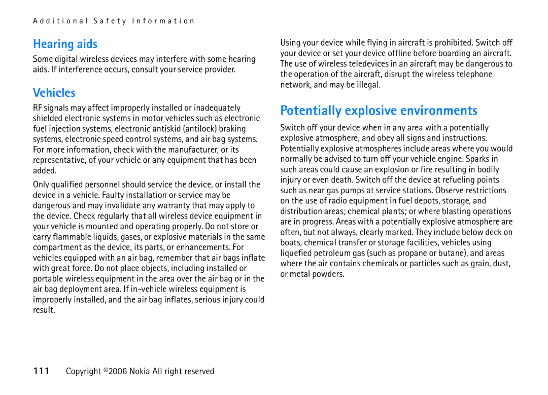 Nokia 6708 manual Potentially explosive environments, Hearing aids, Vehicles 