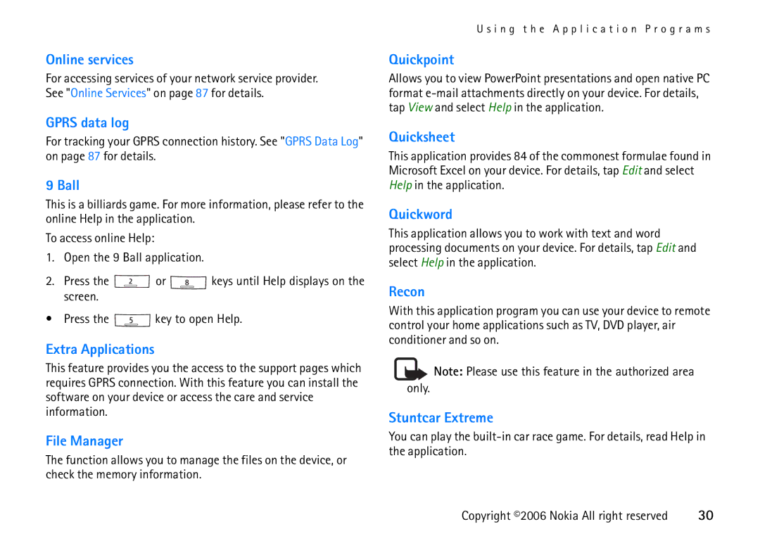 Nokia 6708 manual Online services, Gprs data log, Ball, Extra Applications, File Manager, Quickpoint, Quicksheet, Quickword 