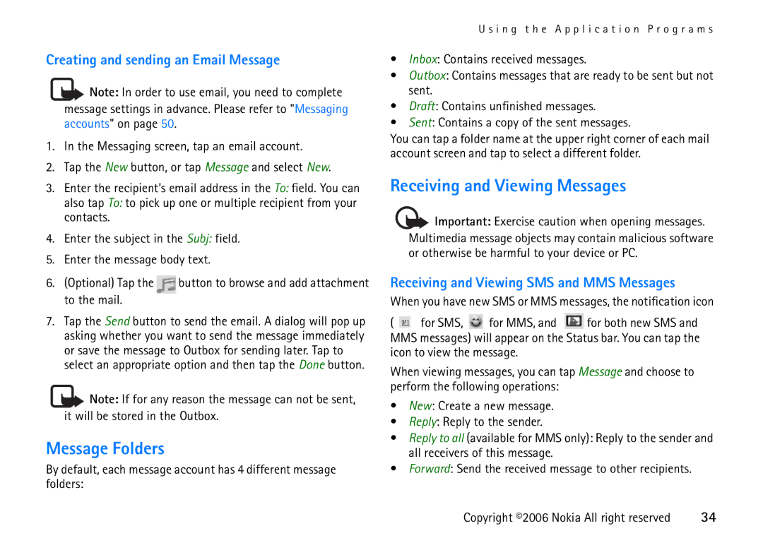 Nokia 6708 manual Message Folders, Receiving and Viewing Messages, Creating and sending an Email Message 