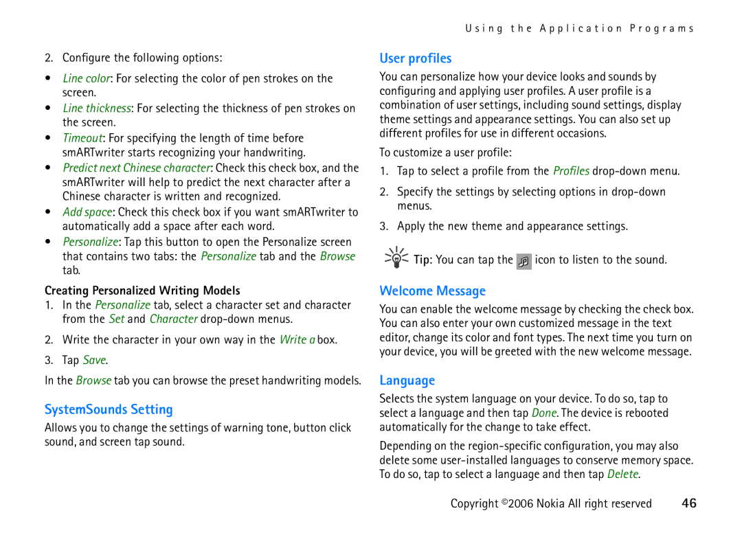 Nokia 6708 manual SystemSounds Setting, User profiles, Welcome Message, Language, Creating Personalized Writing Models 