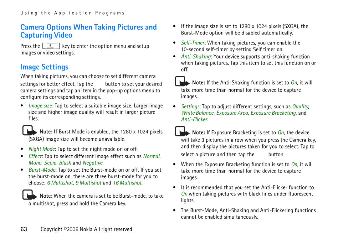 Nokia 6708 manual Camera Options When Taking Pictures and Capturing Video, Image Settings 