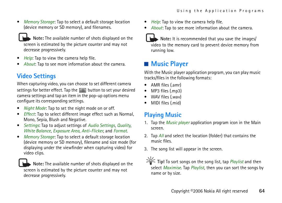 Nokia 6708 manual Music Player, Video Settings, Playing Music 